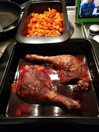 roast duck and roast sweet potatoes